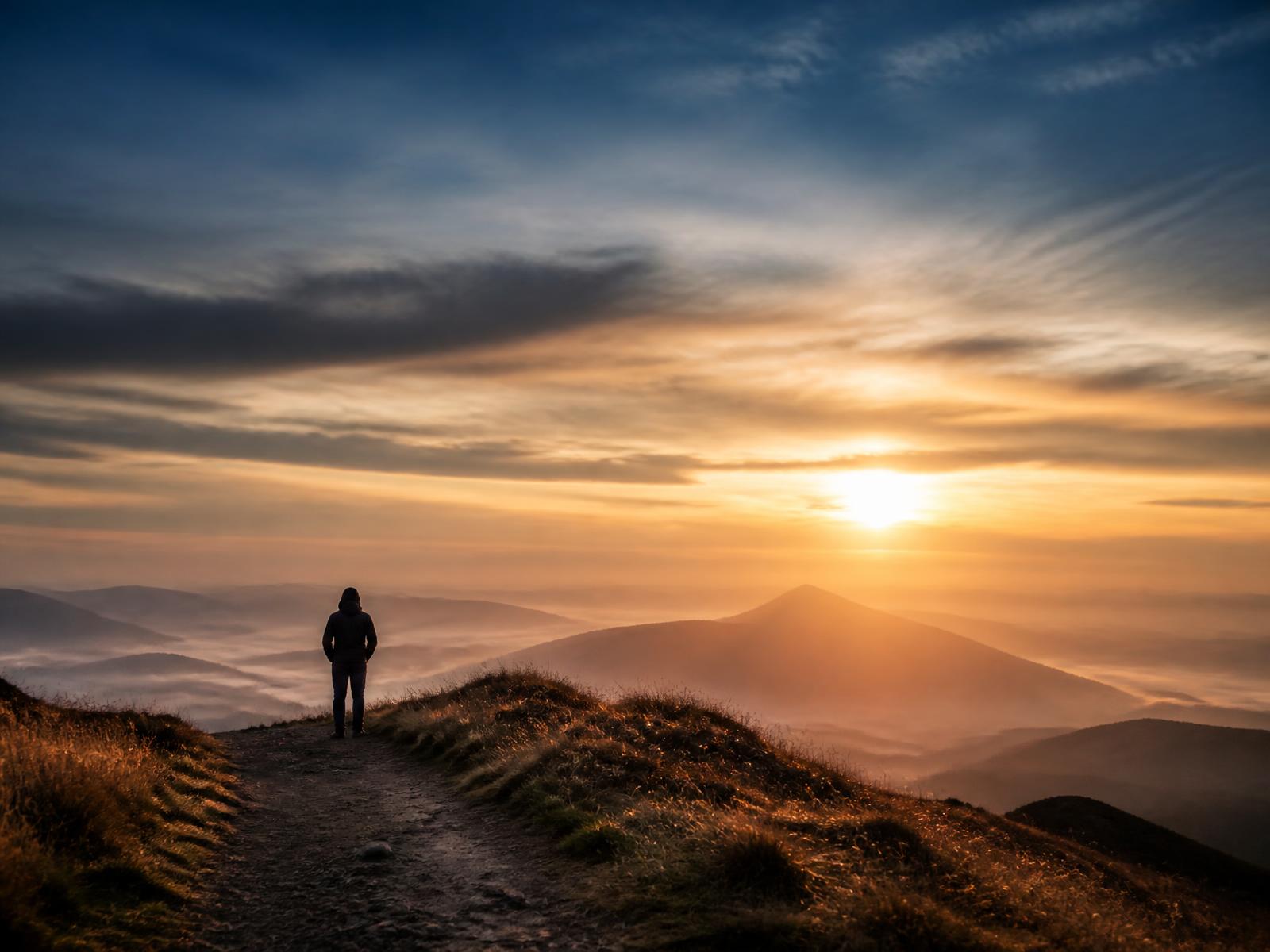 Pessoa em silhueta em um caminho, olhando o horizonte ao amanhecer com a luz atravessando as nuvens