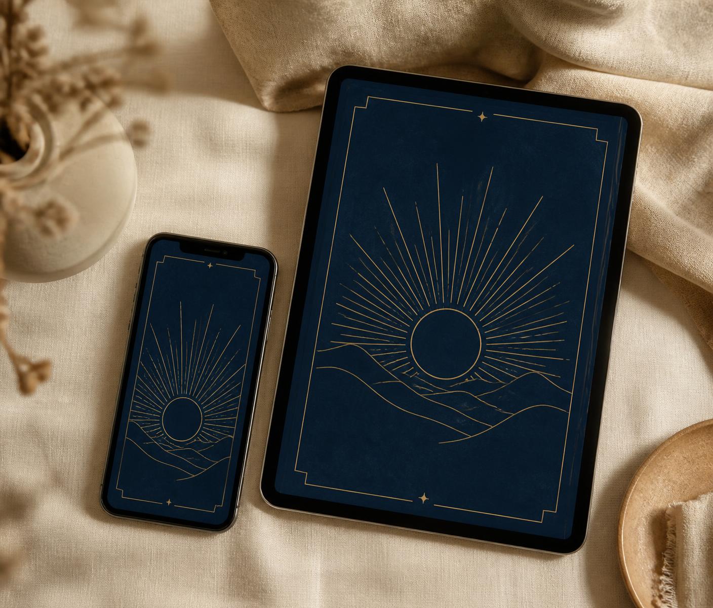 Devocional 21 Dias com Deus aberto em um celular e em um tablet sobre tecido bege